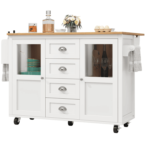 Ilha de cozinha 120x73x93cm - carrinho extraível com rodas, 2 portas, 4 gavetas, prateleiras ajustáveis, branco