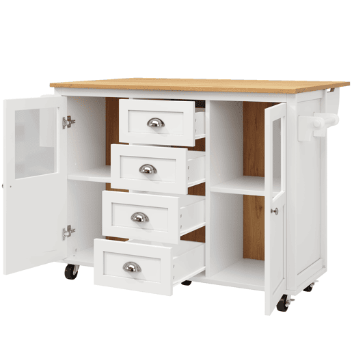 Ilha de cozinha 120x73x93cm - carrinho extraível com rodas, 2 portas, 4 gavetas, prateleiras ajustáveis, branco
