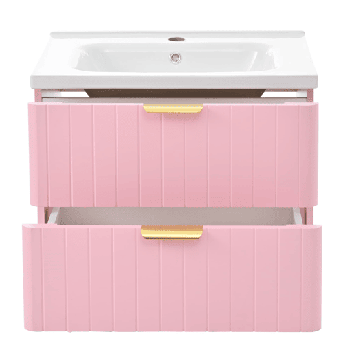 Móvel de casa de banho suspenso com 1 lavatório - duplo armazenamento, MDF resistente à humidade, lavatório cerâmico - rosa Móvel de casa de banho suspenso com 1 lavatório - duplo armazenamento, MDF resistente à humidade, lavatório cerâmico - rosa