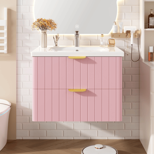 Móvel de casa de banho suspenso com 1 lavatório - duplo armazenamento, MDF resistente à humidade, lavatório cerâmico - rosa Móvel de casa de banho suspenso com 1 lavatório - duplo armazenamento, MDF resistente à humidade, lavatório cerâmico - rosa