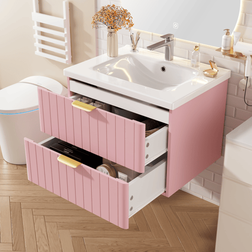 Móvel de casa de banho suspenso com 1 lavatório - duplo armazenamento, MDF resistente à humidade, lavatório cerâmico - rosa Móvel de casa de banho suspenso com 1 lavatório - duplo armazenamento, MDF resistente à humidade, lavatório cerâmico - rosa