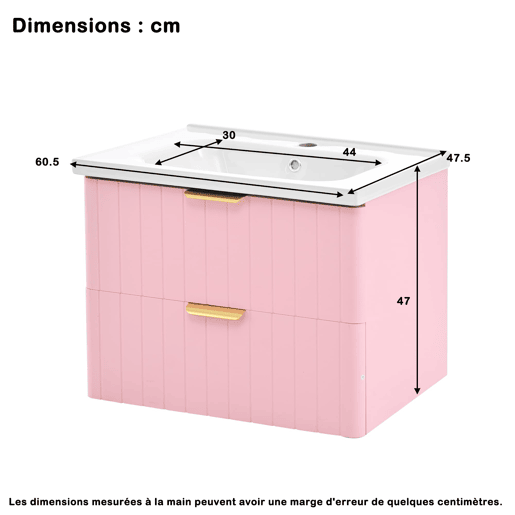 Móvel de casa de banho suspenso com 1 lavatório - duplo armazenamento, MDF resistente à humidade, lavatório cerâmico - rosa Móvel de casa de banho suspenso com 1 lavatório - duplo armazenamento, MDF resistente à humidade, lavatório cerâmico - rosa