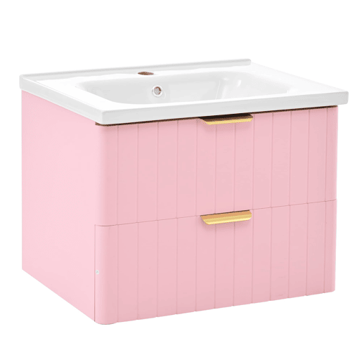 Móvel de casa de banho suspenso com 1 lavatório - duplo armazenamento, MDF resistente à humidade, lavatório cerâmico - rosa Móvel de casa de banho suspenso com 1 lavatório - duplo armazenamento, MDF resistente à humidade, lavatório cerâmico - rosa