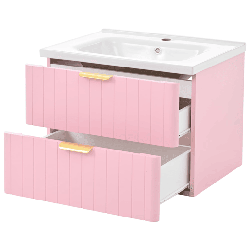 Móvel de casa de banho suspenso com 1 lavatório - duplo armazenamento, MDF resistente à humidade, lavatório cerâmico - rosa Móvel de casa de banho suspenso com 1 lavatório - duplo armazenamento, MDF resistente à humidade, lavatório cerâmico - rosa