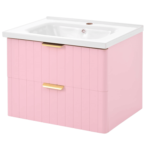 Móvel de casa de banho suspenso com 1 lavatório - duplo armazenamento, MDF resistente à humidade, lavatório cerâmico - rosa Móvel de casa de banho suspenso com 1 lavatório - duplo armazenamento, MDF resistente à humidade, lavatório cerâmico - rosa