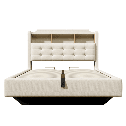 Cama estofada 140x200 cm - Com luz LED, armazenamento hidráulico, design flutuante, bege