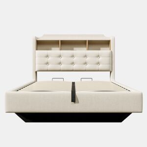 Cama estofada 140x200 cm - Com luz LED, armazenamento hidráulico, design flutuante, bege