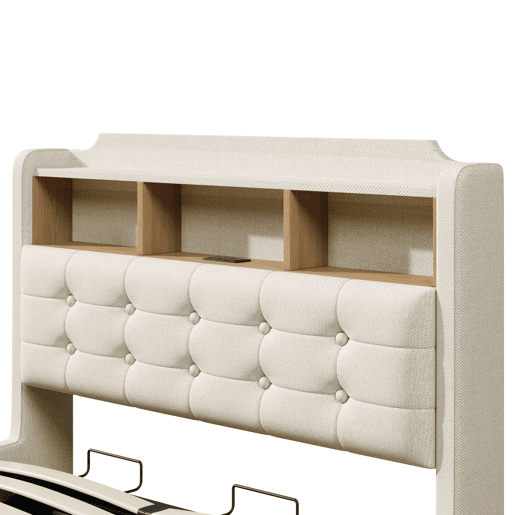 Cama estofada 140x200 cm - Com luz LED, armazenamento hidráulico, design flutuante, bege