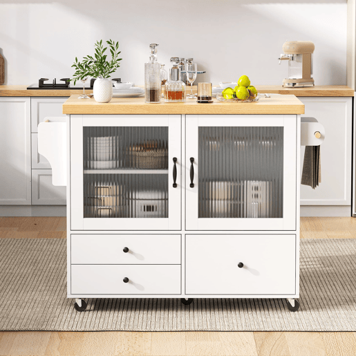 Ilha de cozinha móvel - Com rodas, mesa extensível, arrumação e porta-copos - Branco Ilha de cozinha móvel - Com rodas, mesa extensível, arrumação e porta-copos - Branco