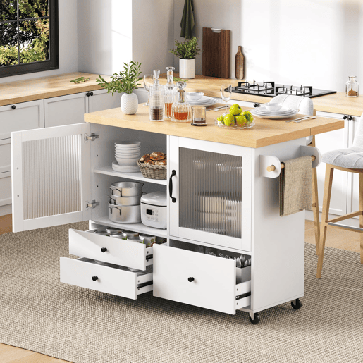 Ilha de cozinha móvel - Com rodas, mesa extensível, arrumação e porta-copos - Branco Ilha de cozinha móvel - Com rodas, mesa extensível, arrumação e porta-copos - Branco