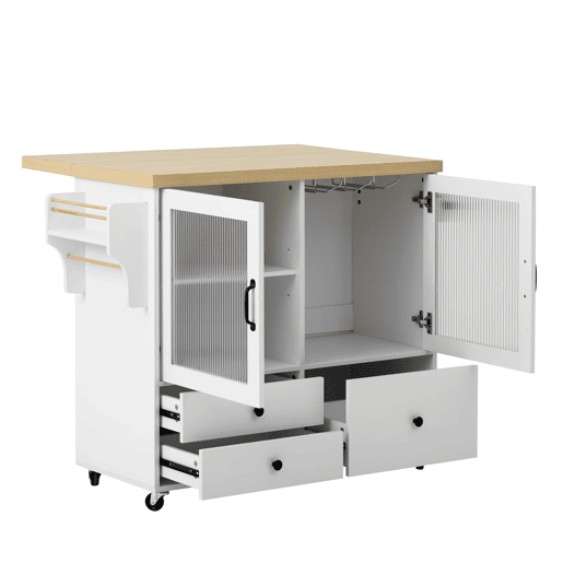 Ilha de cozinha móvel - Com rodas, mesa extensível, arrumação e porta-copos - Branco Ilha de cozinha móvel - Com rodas, mesa extensível, arrumação e porta-copos - Branco