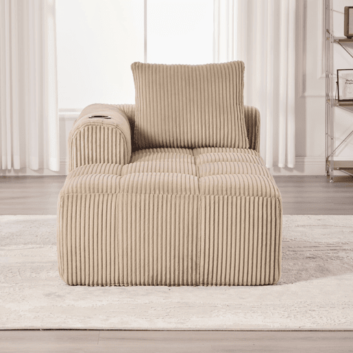 Poltrona reclinável Corduroy 1 lugar - Com almofadas, arrumação lateral, porta-copos - Cáqui