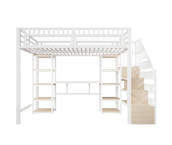 Cama alta 140x200 cm - estructura de metal, escritorio, estante, led, usb, sin colchón - blanco