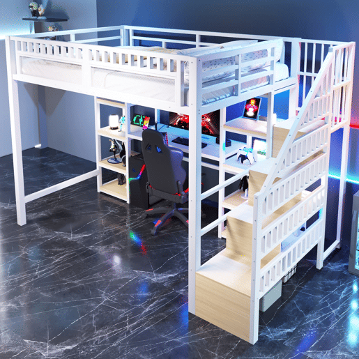 Cama alta 140x200 cm - Estrutura metálica, secretária, prateleira, LED, USB, sem colchão - Branco