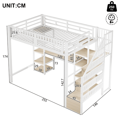 Cama alta 140x200 cm - Estrutura metálica, secretária, prateleira, LED, USB, sem colchão - Branco