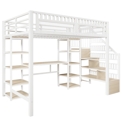 Cama alta 140x200 cm - Estrutura metálica, secretária, prateleira, LED, USB, sem colchão - Branco