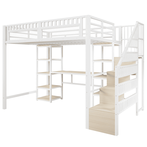 Cama alta 140x200 cm - Estrutura metálica, secretária, prateleira, LED, USB, sem colchão - Branco
