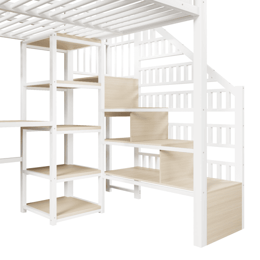Cama alta 140x200 cm - Estrutura metálica, secretária, prateleira, LED, USB, sem colchão - Branco