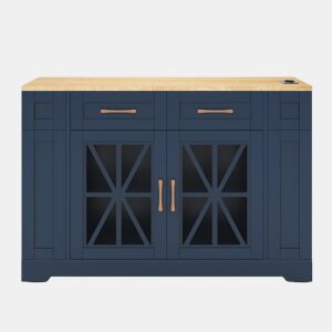 Ilha de cozinha 120 cm - mesa rebatível, prateleira aberta, tomada ACUSB, portas de vidro, rodízios - Azul+Natural