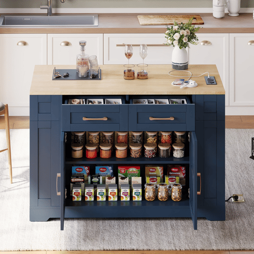 Ilha de cozinha 120 cm - mesa rebatível, prateleira aberta, tomada ACUSB, portas de vidro, rodízios - Azul+Natural Ilha de cozinha 120 cm - mesa rebatível, prateleira aberta, tomada ACUSB, portas de vidro, rodízios - Azul+Natural
