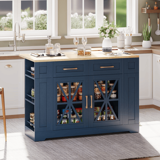 Ilha de cozinha 120 cm - mesa rebatível, prateleira aberta, tomada ACUSB, portas de vidro, rodízios - Azul+Natural Ilha de cozinha 120 cm - mesa rebatível, prateleira aberta, tomada ACUSB, portas de vidro, rodízios - Azul+Natural