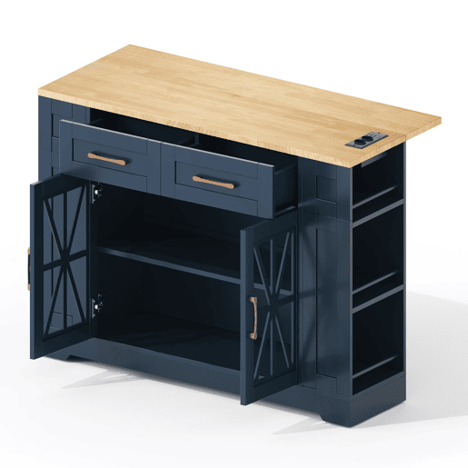 Ilha de cozinha 120 cm - mesa rebatível, prateleira aberta, tomada ACUSB, portas de vidro, rodízios - Azul+Natural Ilha de cozinha 120 cm - mesa rebatível, prateleira aberta, tomada ACUSB, portas de vidro, rodízios - Azul+Natural