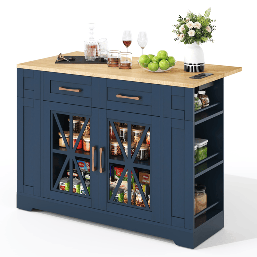 Ilha de cozinha 120 cm - mesa rebatível, prateleira aberta, tomada ACUSB, portas de vidro, rodízios - Azul+Natural Ilha de cozinha 120 cm - mesa rebatível, prateleira aberta, tomada ACUSB, portas de vidro, rodízios - Azul+Natural