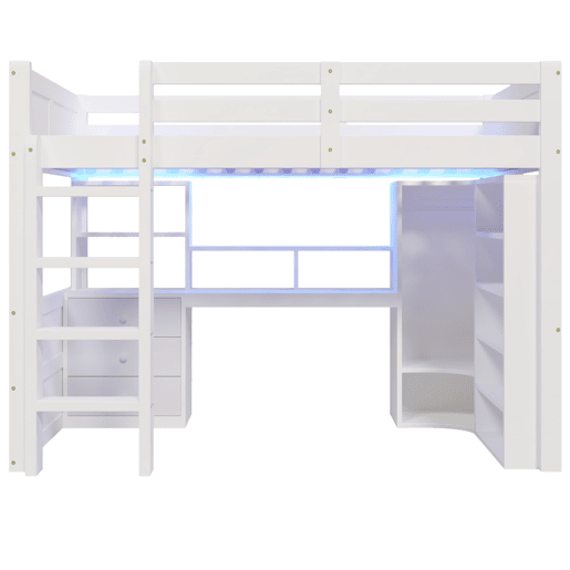 Cama alta 140x200 cm - Com LED, armário, secretária, gavetas, sem colchão - Branco Cama alta 140x200 cm - Com LED, armário, secretária, gavetas, sem colchão - Branco