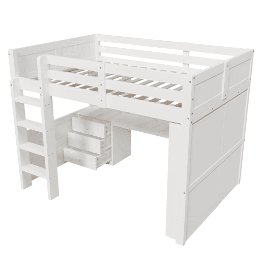 Cama alta 140x200 cm - Com LED, armário, secretária, gavetas, sem colchão - Branco Cama alta 140x200 cm - Com LED, armário, secretária, gavetas, sem colchão - Branco