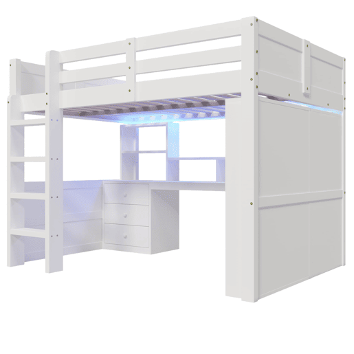 Cama alta 140x200 cm - Com LED, armário, secretária, gavetas, sem colchão - Branco Cama alta 140x200 cm - Com LED, armário, secretária, gavetas, sem colchão - Branco