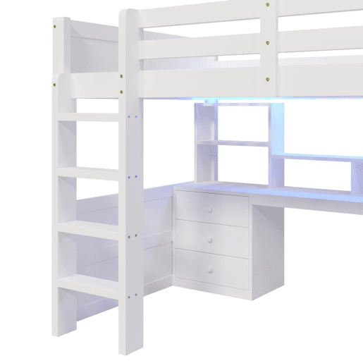 Cama alta 140x200 cm - Com LED, armário, secretária, gavetas, sem colchão - Branco Cama alta 140x200 cm - Com LED, armário, secretária, gavetas, sem colchão - Branco