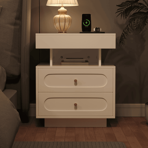Mesa de cabeceira 50x40x60 cm - 2 gavetas, 1 espaço aberto, LED - Branco