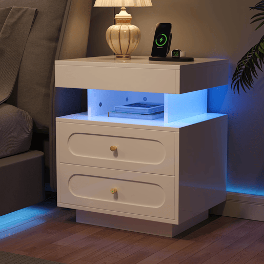 Mesa de cabeceira 50x40x60 cm - 2 gavetas, 1 espaço aberto, LED - Branco