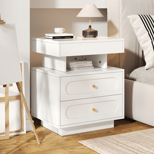 Mesa de cabeceira 50x40x60 cm - 2 gavetas, 1 espaço aberto, LED - Branco