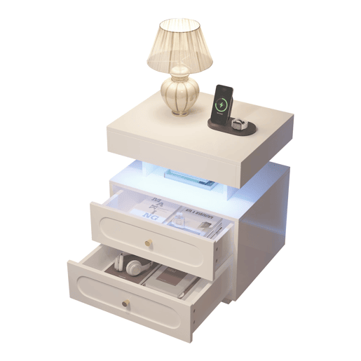 Mesa de cabeceira 50x40x60 cm - 2 gavetas, 1 espaço aberto, LED - Branco