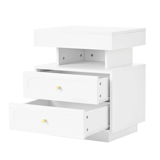 Mesa de cabeceira 50x40x60 cm - 2 gavetas, 1 espaço aberto, LED - Branco
