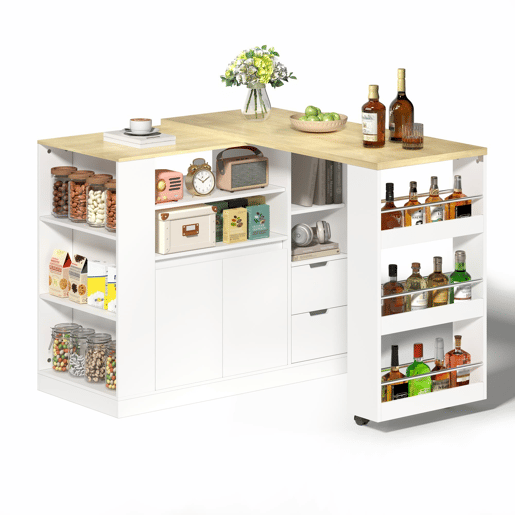 Ilha de cozinha 115 cm - bancada extensÃvel, prateleiras em 3 lados e 2 gavetas - branco e natural Ilha de cozinha 115 cm - bancada extensÃvel, prateleiras em 3 lados e 2 gavetas - branco e natural