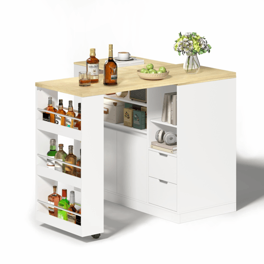 Ilha de cozinha 115 cm - bancada extensÃvel, prateleiras em 3 lados e 2 gavetas - branco e natural Ilha de cozinha 115 cm - bancada extensÃvel, prateleiras em 3 lados e 2 gavetas - branco e natural