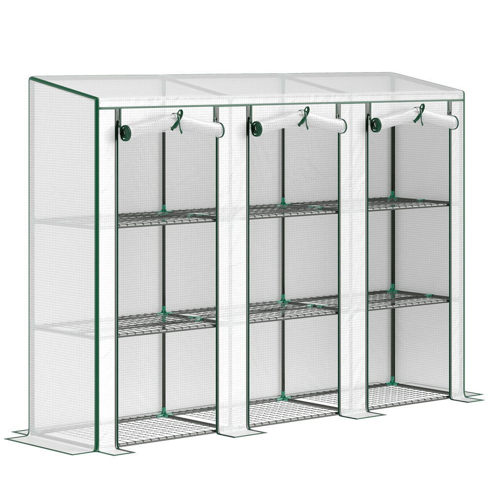 Outsunny invernadero de exterior de 3 niveles invernadero de jardín con 9 estantes puerta enrollable con cremallera marco de acero cubierta de pe 140g/m² anti-uv para terraza 215x46x151cm blanco