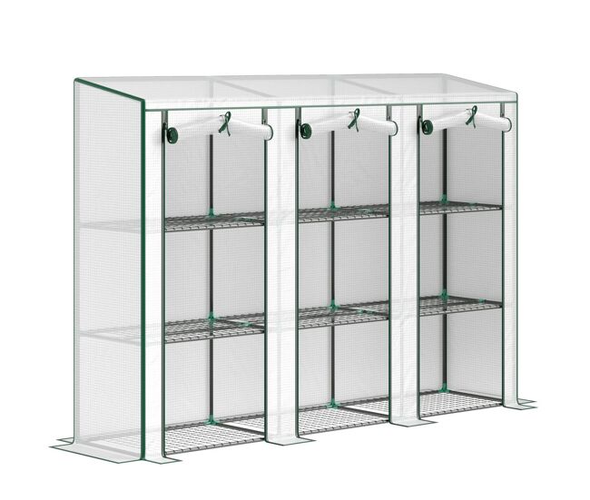 Outsunny invernadero de exterior de 3 niveles invernadero de jardín con 9 estantes 3 puertas enrollables con cremallera marco de acero cubierta de pe 140g/m² anti-uv para terraza 215x46x151cm blanco