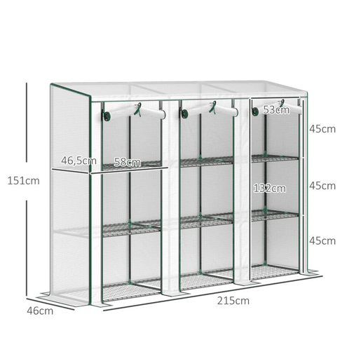 Outsunny Estufa Pequena Estufa de Exterior com Prateleiras de 3 Níveis Portas com Fecho de Correr e Estrutura de Aço Estufa para Cultivar Plantas Flores 215x46x151 cm Branco