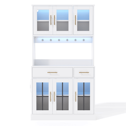 Aparador 180x100 - 6 portas, 2 gavetas, LED, tomada, prateleiras ajustáveis, estilo rústico - Branco