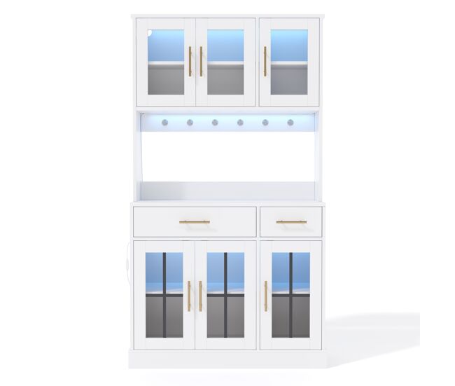 Aparador 180x100 - 6 puertas, 2 cajones, led, enchufe, estantes ajustables, estilo rústico - blanco