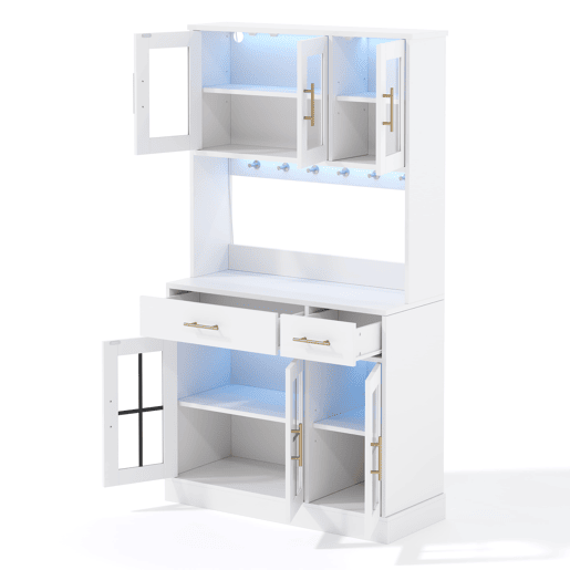 Aparador 180x100 - 6 portas, 2 gavetas, LED, tomada, prateleiras ajustáveis, estilo rústico - Branco
