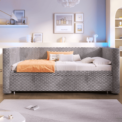 Sofá-cama 90x200 cm - Design multifuncional com fitas LED, base, veludo - Cinza