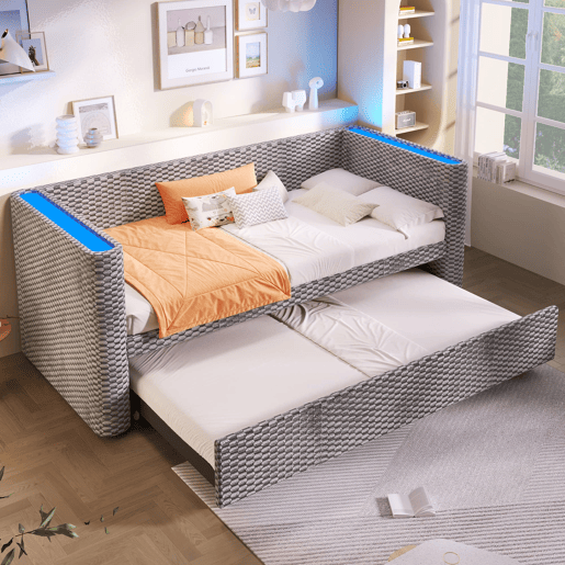 Sofá-cama 90x200 cm - Design multifuncional com fitas LED, base, veludo - Cinza