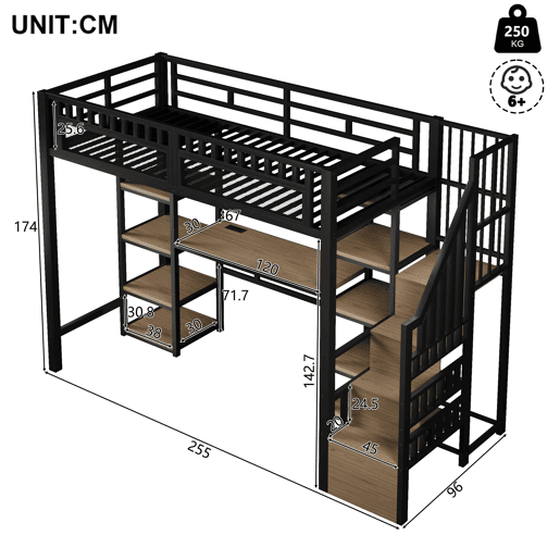 Cama alta 90x200 cm - Estrutura metálica, secretária, escada com arrumação, LED, porta USB, preta
