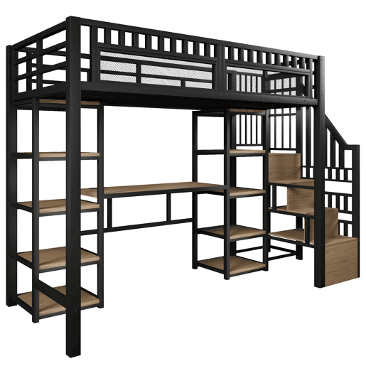 Cama alta 90x200 cm - Estrutura metálica, secretária, escada com arrumação, LED, porta USB, preta