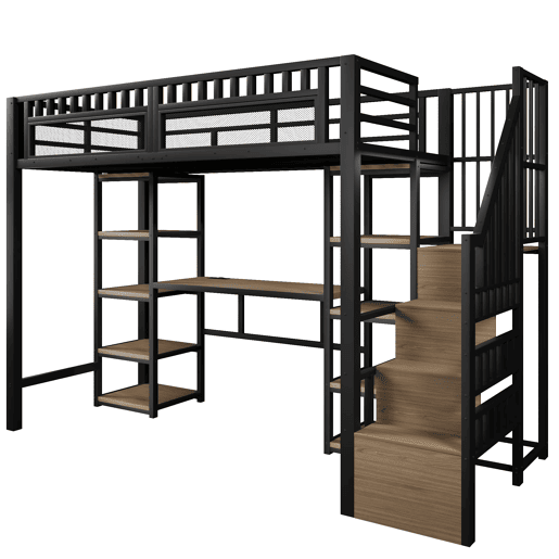Cama alta 90x200 cm - Estrutura metálica, secretária, escada com arrumação, LED, porta USB, preta