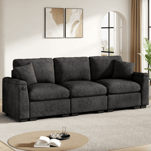 Sofá de 3 lugares em chenille - Com almofadas, mesa dobrável, porta USB, porta-copos, arrumação - Cinza